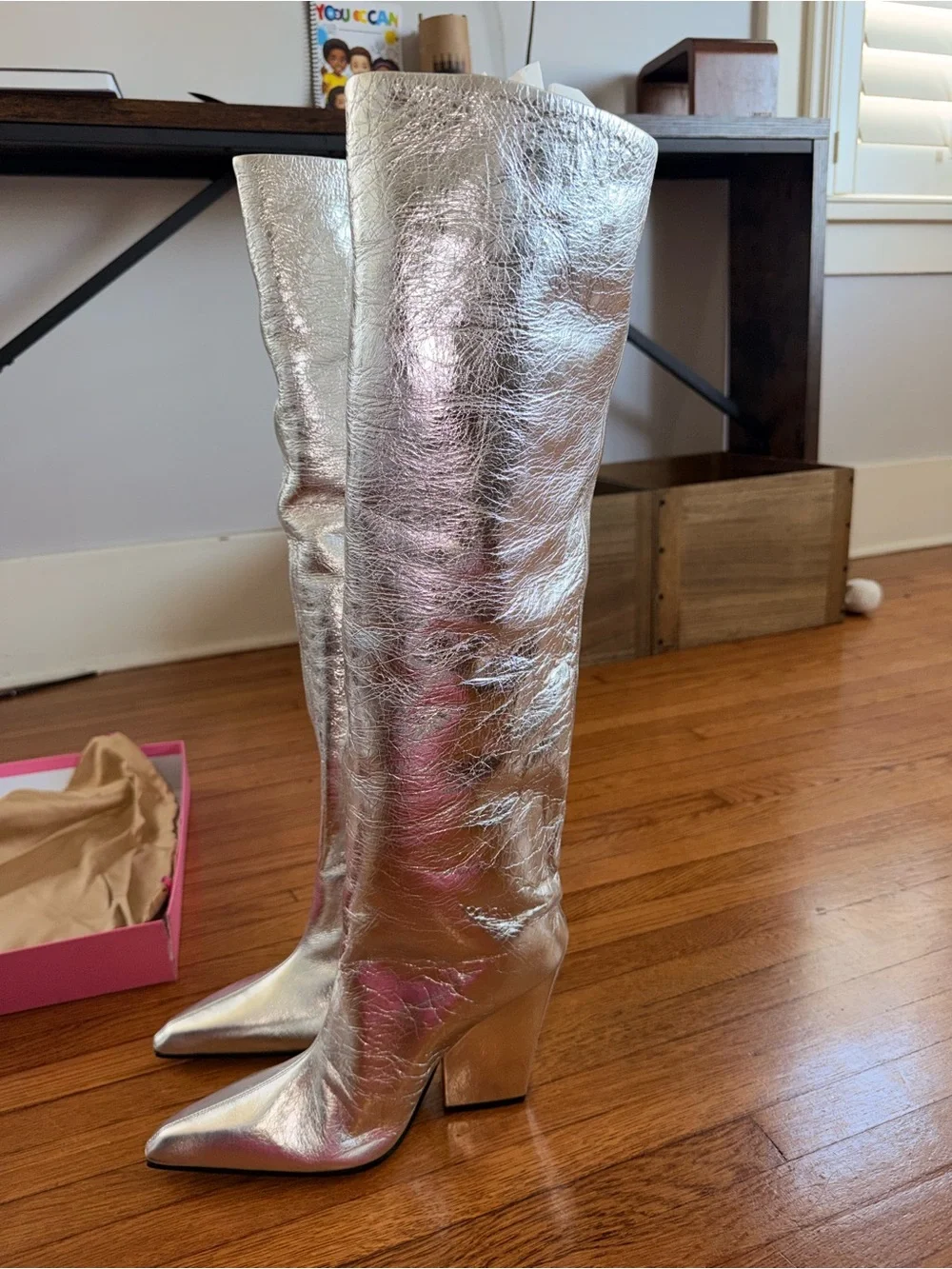Paris Texas Jane Silver Over-the-Knee Crinkled Leather Metallic Boots New In Box